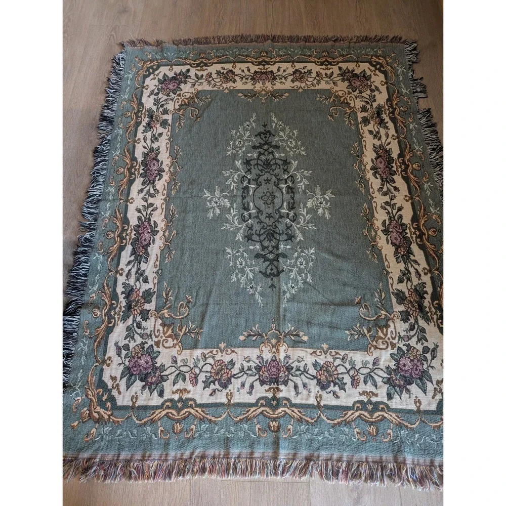 Vintage Woven Tapestry Throw Blanket Floral Damask Sage Green Fringe Grannycore